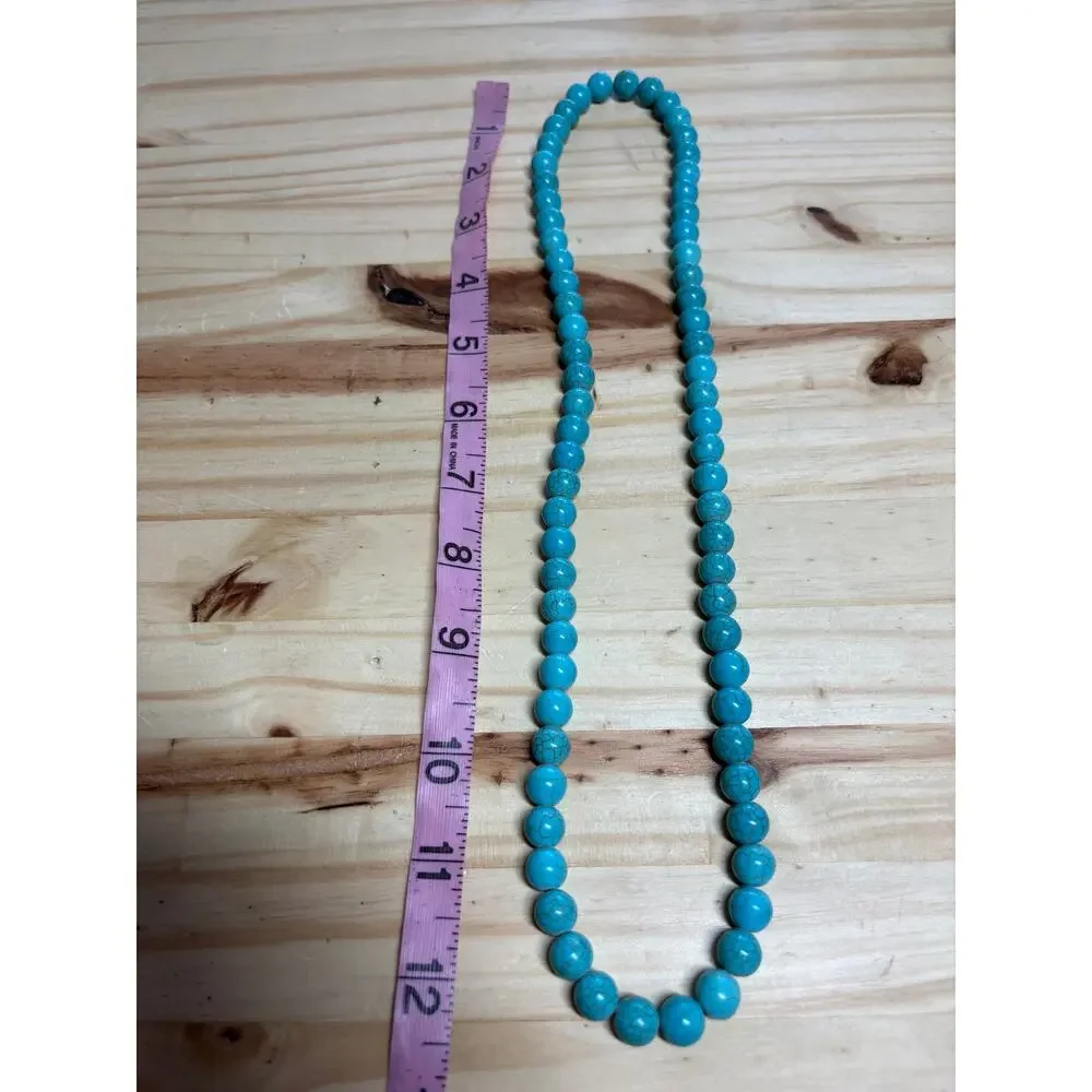 Turquoise Blue Howlite Beaded Necklace Round Stone Beads Boho Southwestern